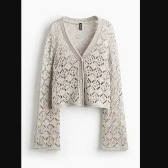 H&M Light Gray Pointelle Knit Button Down Boho Cardigan Large - Picture 3 of 7